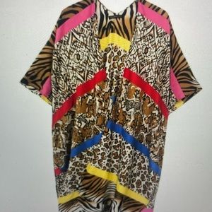 Multi Animal Print Multi Color Stripe Kimono. 100% Polyester. 35.4x35.4 inches.